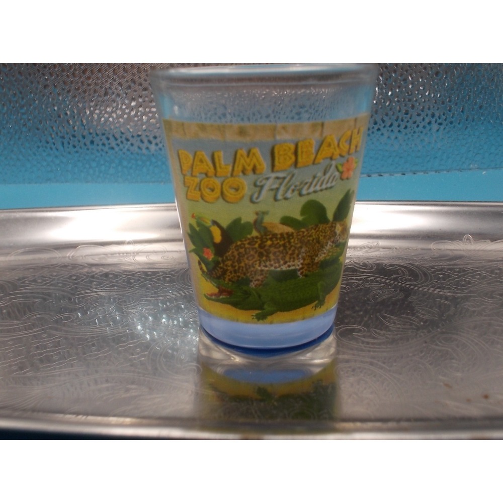 Palm Beach Zoo Florida Souvenir Shot Glass Leopard Alligator Blue Base